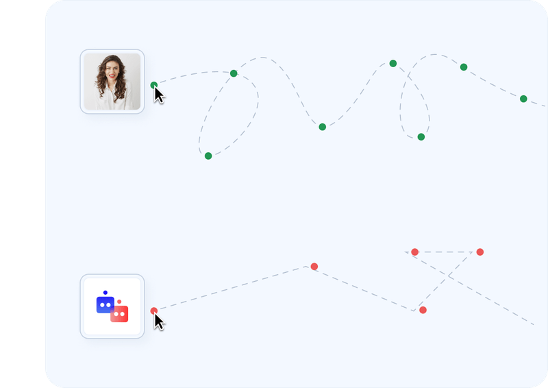 Mouse movement paths: a human path curves naturally while an automated path moves in straight lines