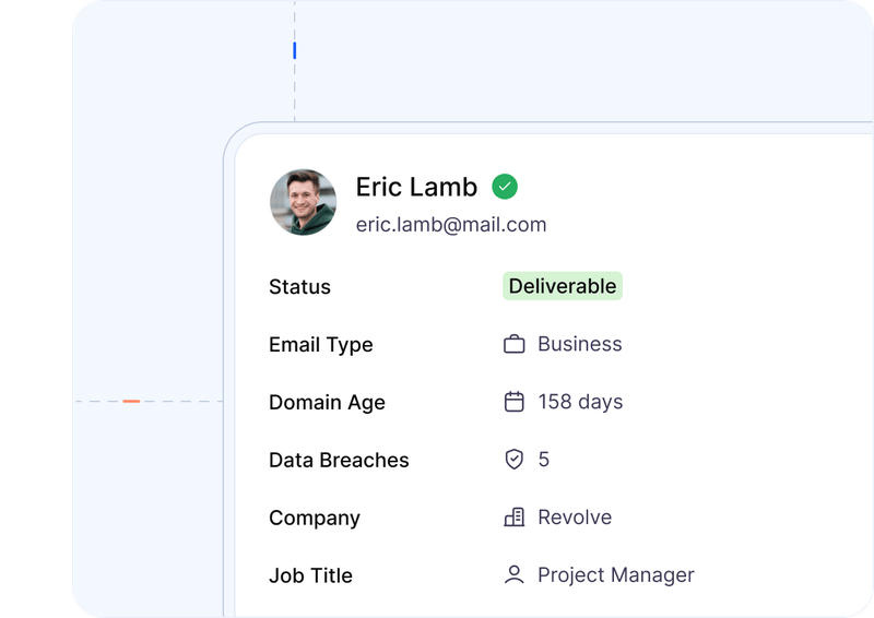 Email intelligence card showing status deliverable, email type, domain age, data breaches, company, and job title